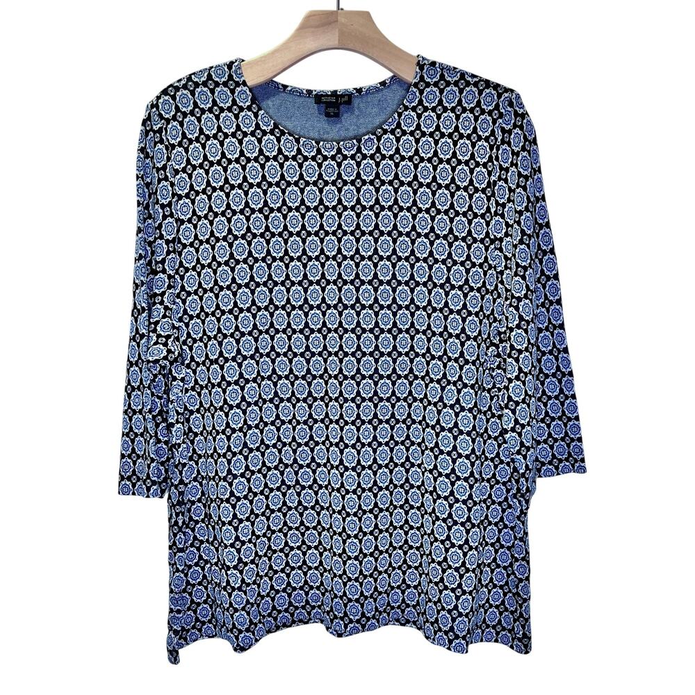 J. Jill Wearever Collection Knit Top Sz XL Geometric Print Black Blue Stretch